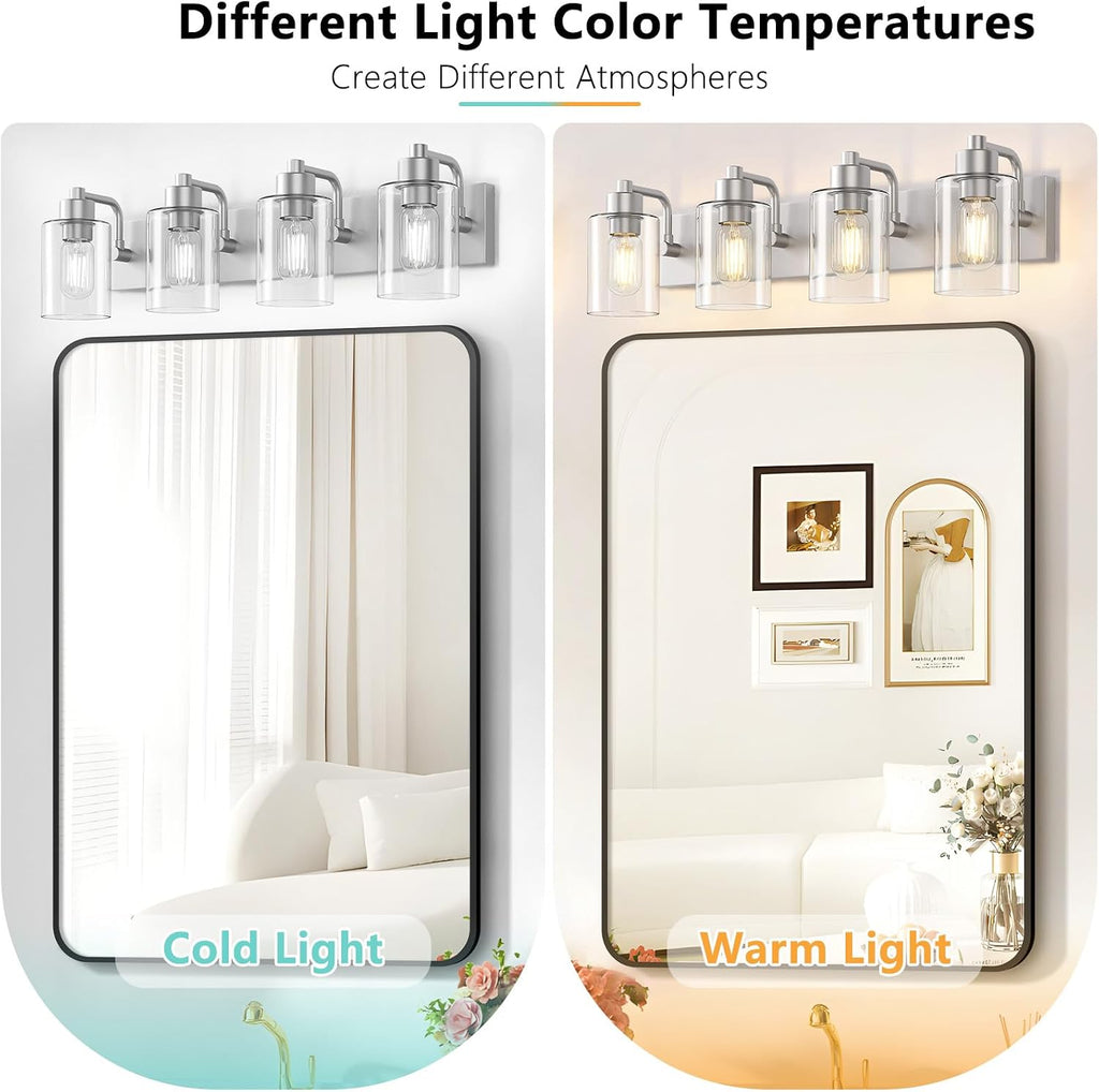 Brushed Nickel Bathroom Light Fixtures, Wall Mounted 4-Light Bathroom Lights Over Mirror with Clear Glass Shade,Wall