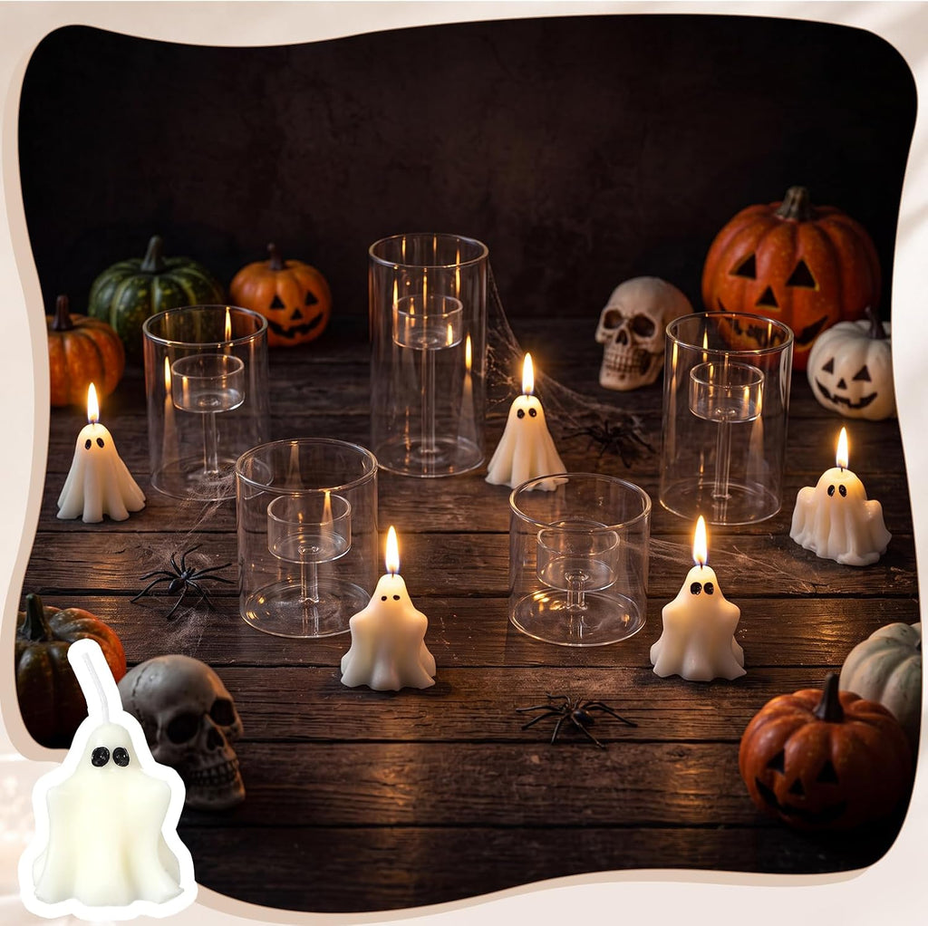 10 Pcs Halloween Glass Cylinder Hurricane Candle Holder with Halloween Ghost Candles, Clear Cylinder Pillar Candle