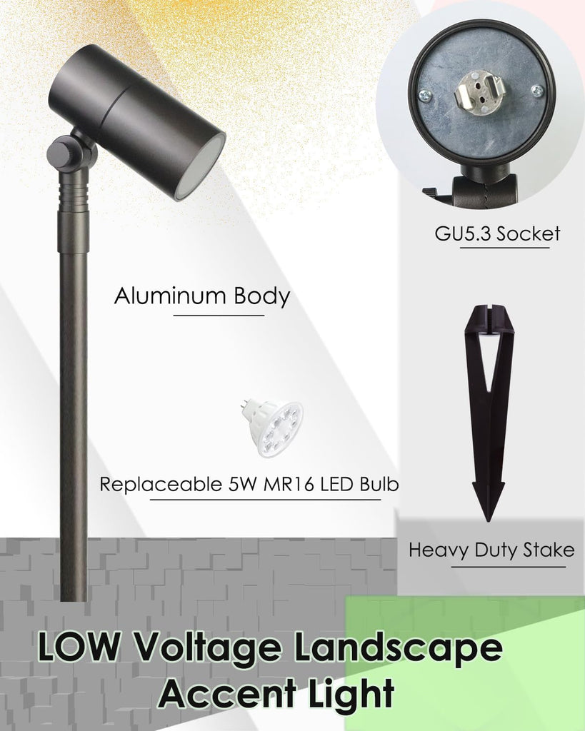 Low Voltage Landscape Path Light Spotlight 12V 5W MR16 2-Pack | Cast Aluminum Landscape Lighting, Replaceable MR16