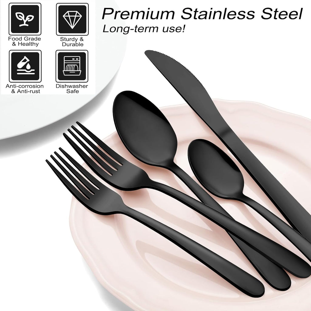 72 Pieces Black Silverware Sets for 12 - Dishwasher Safe, Flatware Set with Steak Knives, Stainless Steel Cutlery Set
