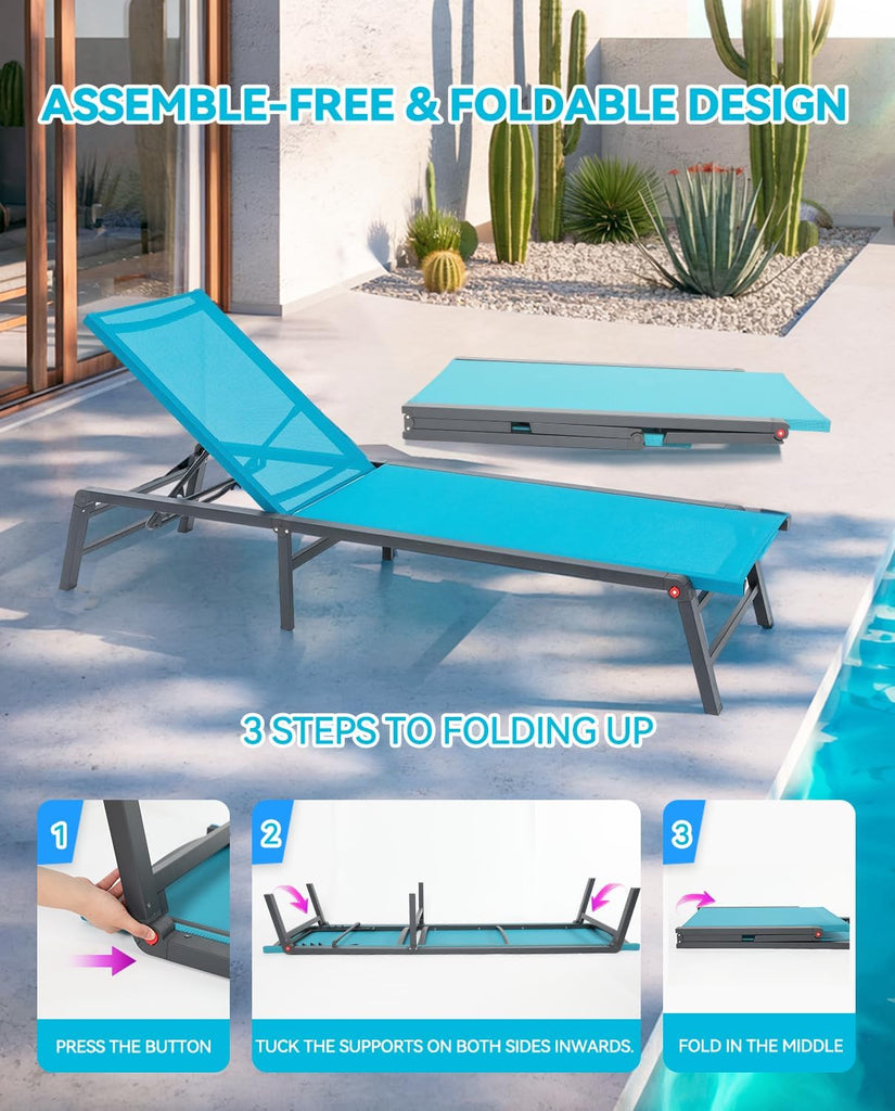 Aluminum Chaise Lounge Outdoor, Foldable & Assemble-Free Lounge Chair Outdoor Set of 2, Lounge Chair with 5