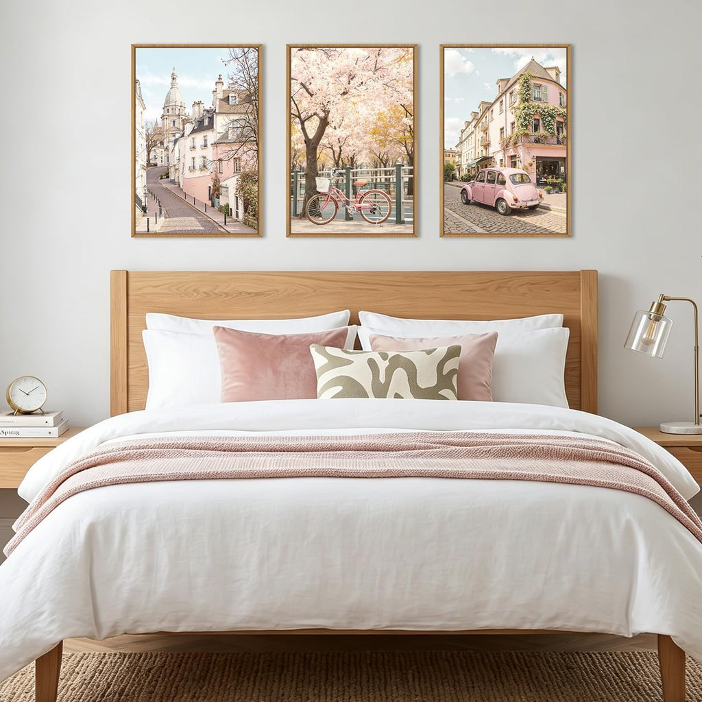 Vintage Italy Cityscape Framed Canvas Wall Art Set, Romantic Flower Street Wall Decor, Pink Bike Car Wall Painting