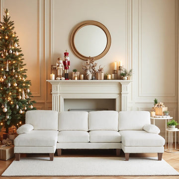 110' U Shaped Comfy Sectional Couch, Double Chaise Sofa in Corduroy Fabric, 4-Seater Upholstered Couch with Memory