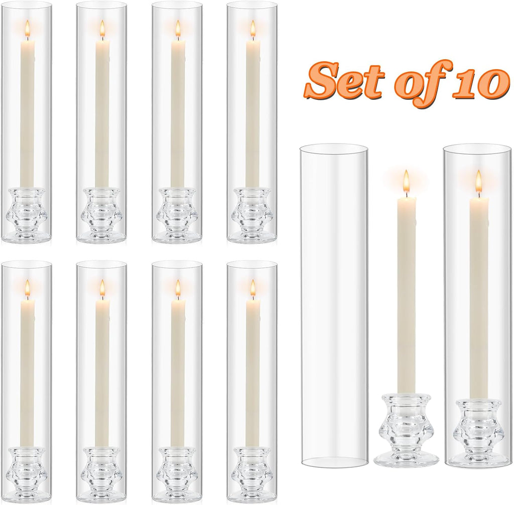 Hurricane Glass Candle Holders, Set of 10 Candlestick Holders for Taper Candle with 11.8" Tall Windproof Cylinder