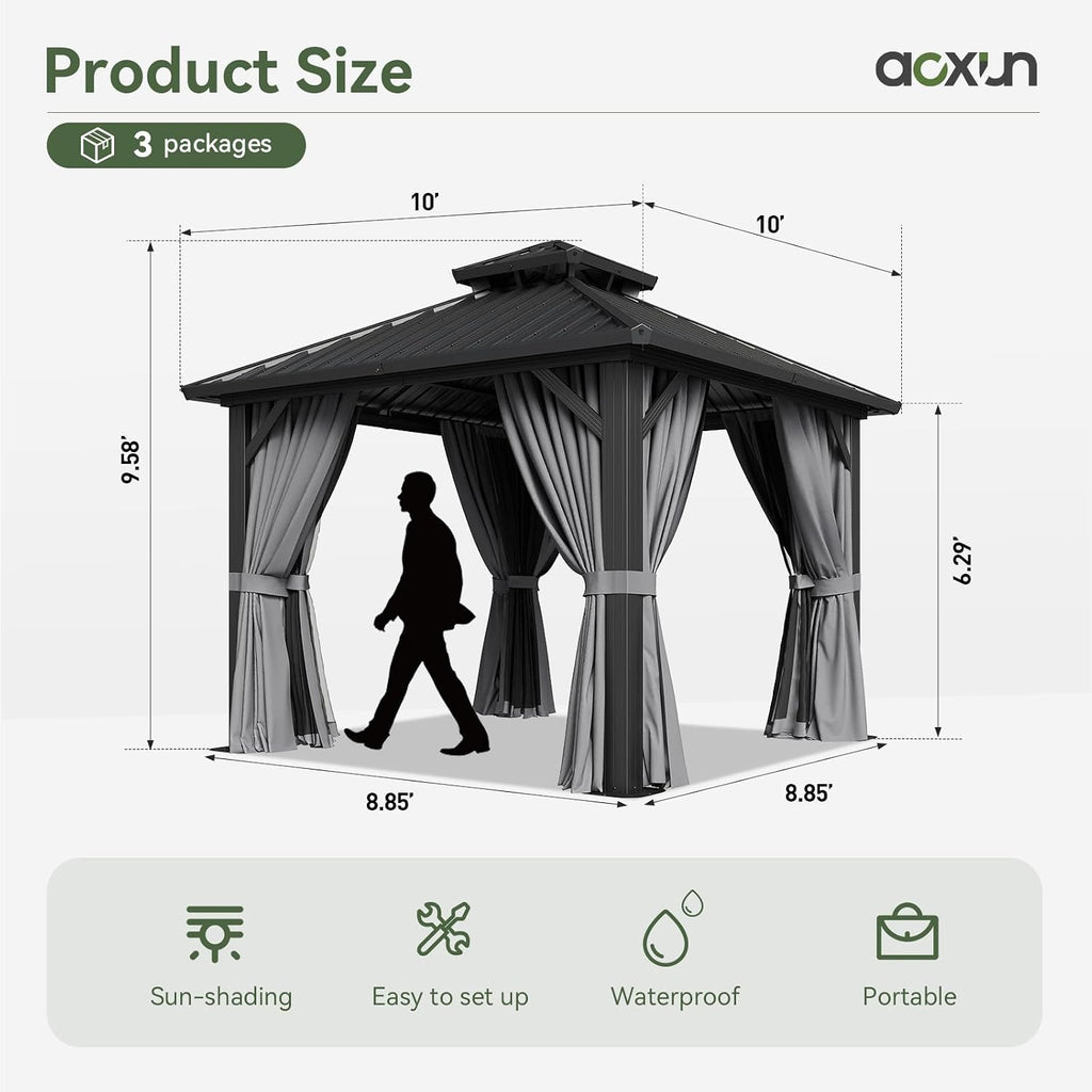 10’x12’ Hardtop Gazebo, Permanent Metal Pavilion with Galvanized Steel Double Roof