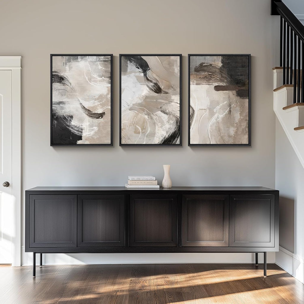 Framed Neutral Abstract Wall Art, 3 Piece Modern Minimalist Canvas Prints Paintings Artwork for Walls, Black Beige
