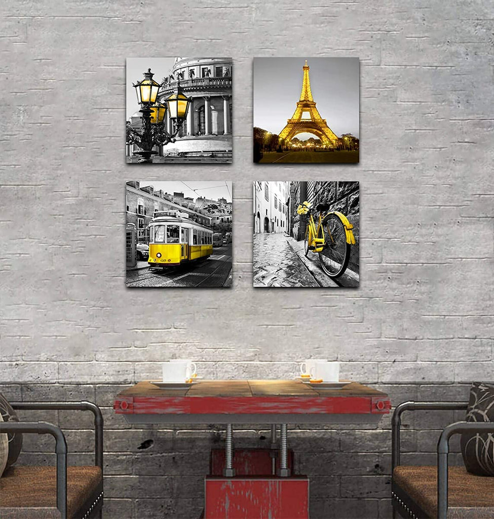 London Paris Decor Wall Canvas Print Black and White Eiffel Tower 4 Panels Yellow Pictures Decorations Living Room
