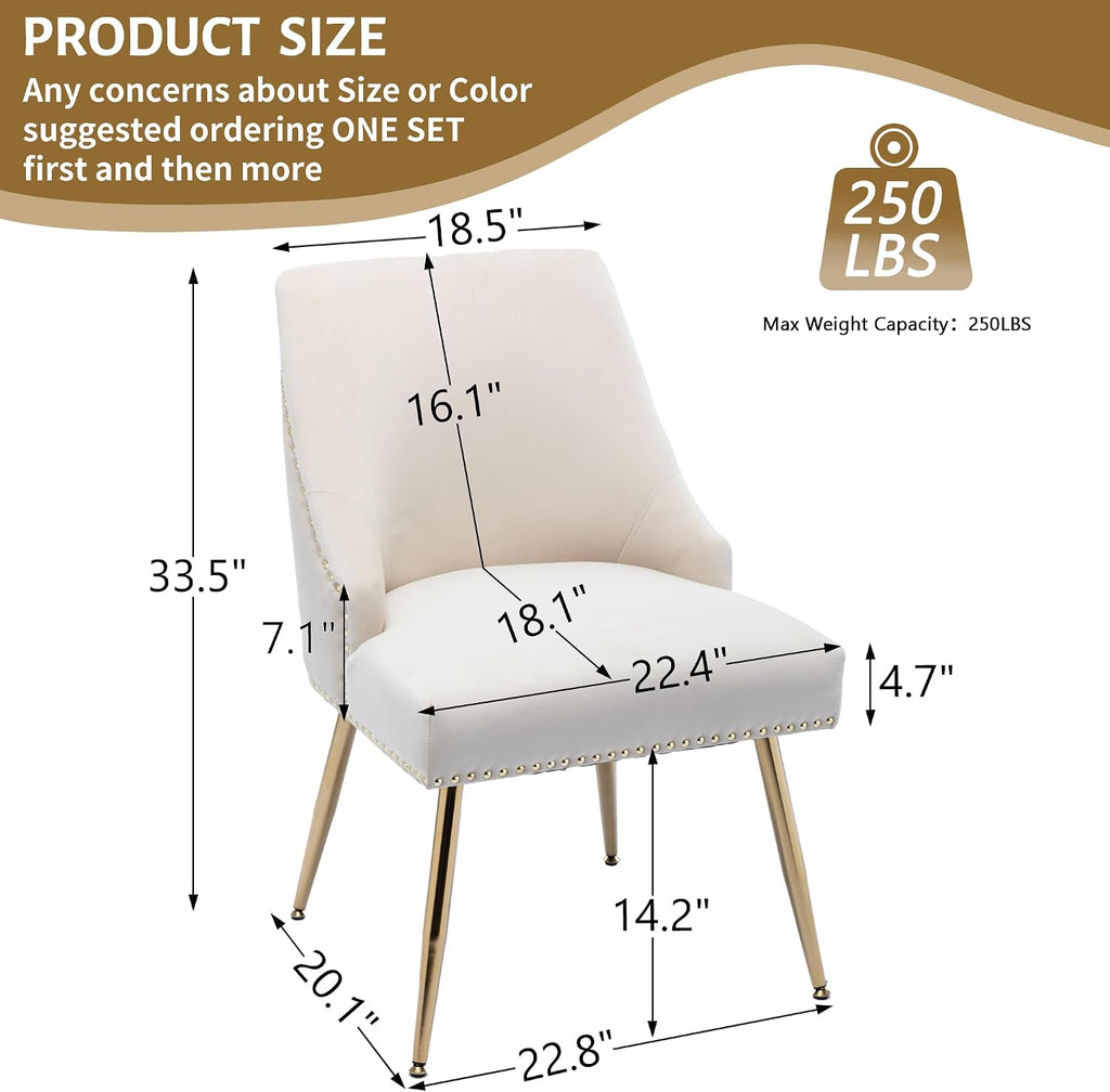Velvet Dining Room Chairs Set of 4 Nailhead Back Ring Pull Trim with Gold Legs for Kitchen Living Room(Beige)
