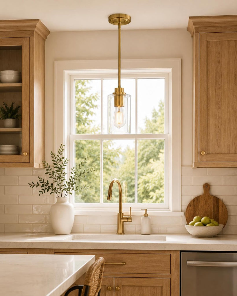 Brass Pendant Lights Kitchen Island 2 Pack, Farmhouse Gold Pendant Lighting with Clear Glass Shade, Mini Hanging