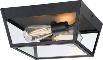 Peterson Transitional Two Light Flush Ceiling Fixture, Textured Black Finish, Clear Glass