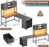 L Shaped Gaming Desk, Reversible Computer Desk with Fabric Drawers and Power Outlet, Gaming Desk with Led Lights