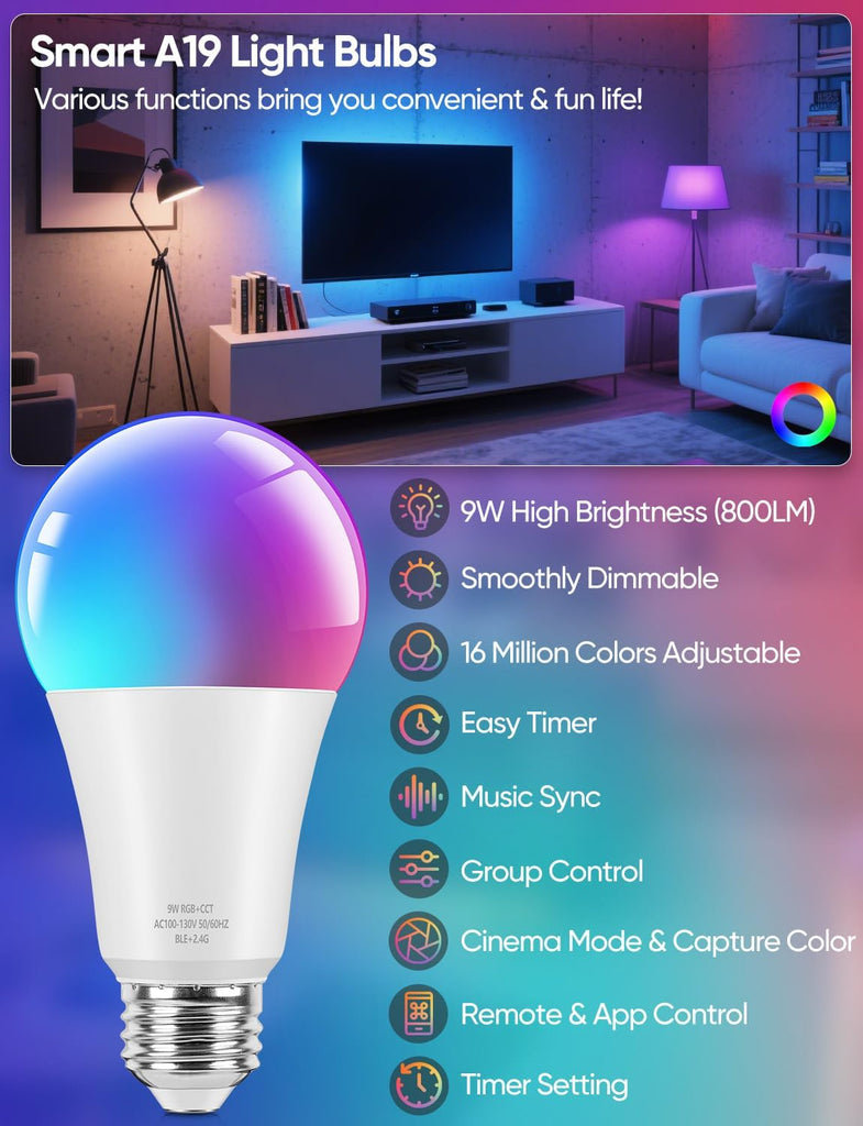 Smart A19 LED Light Bulbs, 60W Equivalent 800LM Color Changing E26 9W Bluetooth Light Bulbs with Remote Control, 16 (2-Pack)