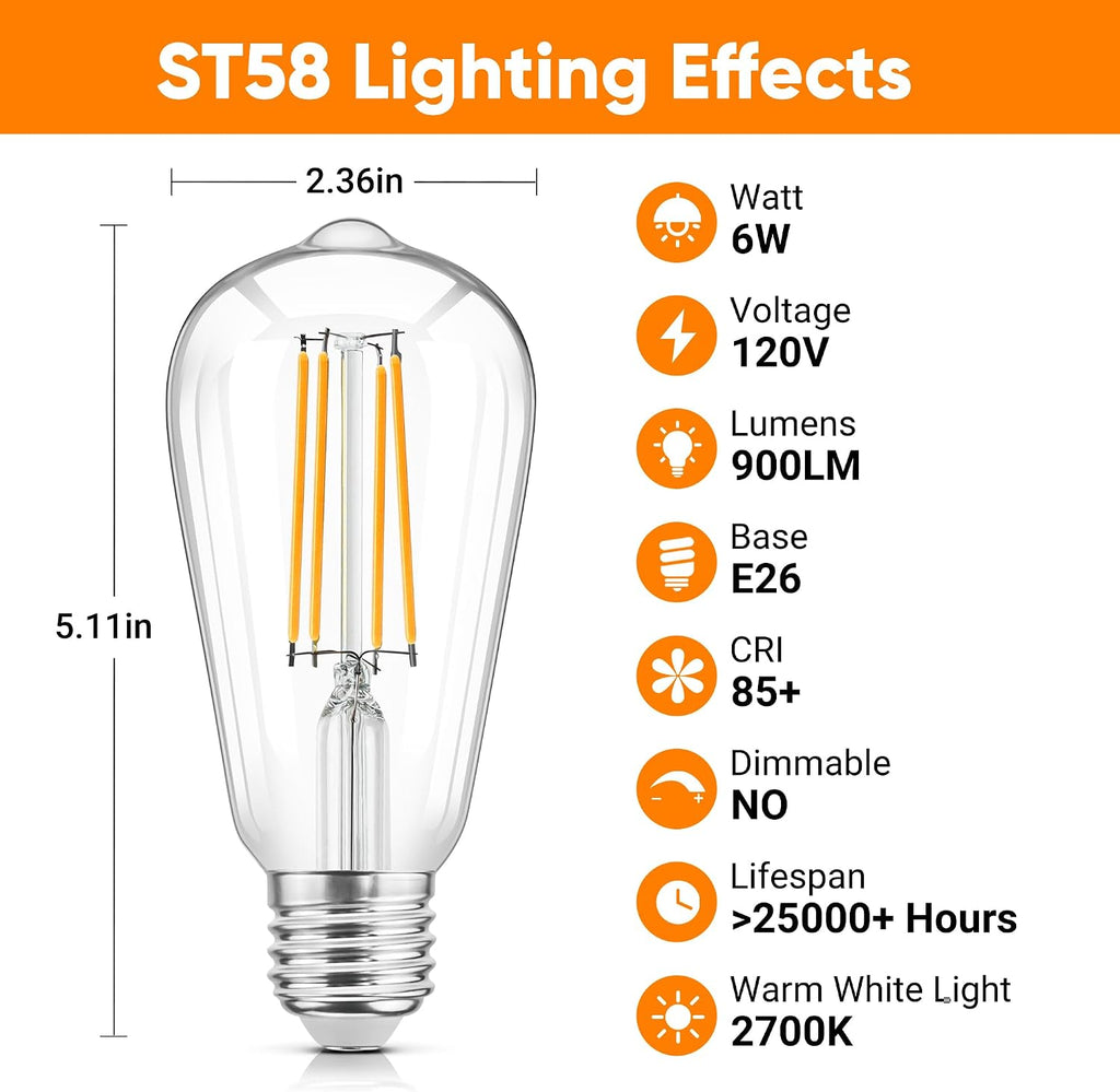 LED Filament Light Bulbs, Bright Vintage 6W LED Edison Bulbs, St58 2700K Warm Light Bulbs with CRI 85+, E26 Standard (Pack Of 4)