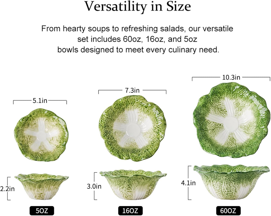 Green Cabbage Serving Bowl Set of 3 - Extra Large 60oz, 16oz, 5oz Nesting Mixing Bowls, Porcelain Dishes for Salad