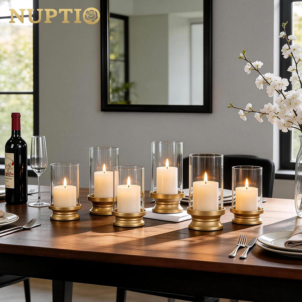 Hurricane Candle Holder Gold: Pillar Candle Holders with Clear Glass Sleeve - Set of 2 Decorative Brass Metal Pillars