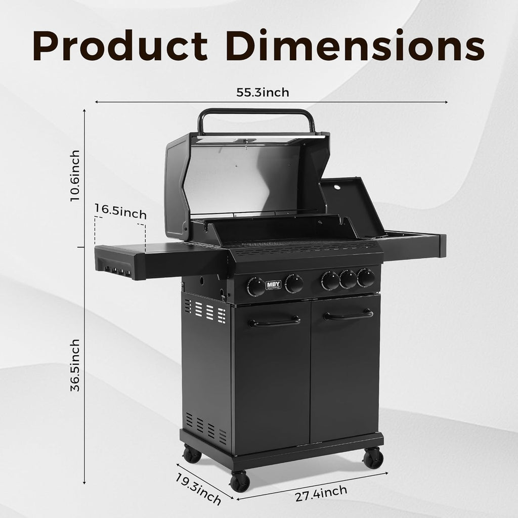 4-Burner Propane Gas Grill with Side Burner, 50,000 BTU BBQ Grill with Cast Iron Grates, Stainless Steel Griddle, and Heavy-Duty Construction for Patio and Backyard