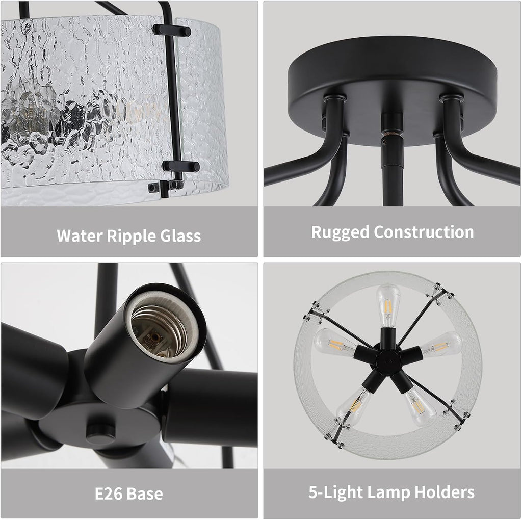 Semi Flush Mount Ceiling Light Fixture,Glass Drum Kitchen Lighting Fixtures Ceiling,18''Black Modern Light Fixture