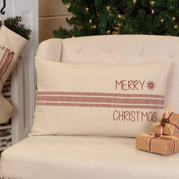 Sleigh Bells Ring Grain Sack Stripe Throw Pillow Cover, 16" x 26", w/Printed Merry Christmas, Farmhouse Christmas Red