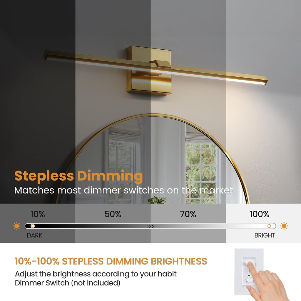 Gold LED Bathroom Vanity Light 24 Inch 18W Dimmable 5CCT Bathroom Lighting Fixtures Over Mirror Modern Brushed Gold
