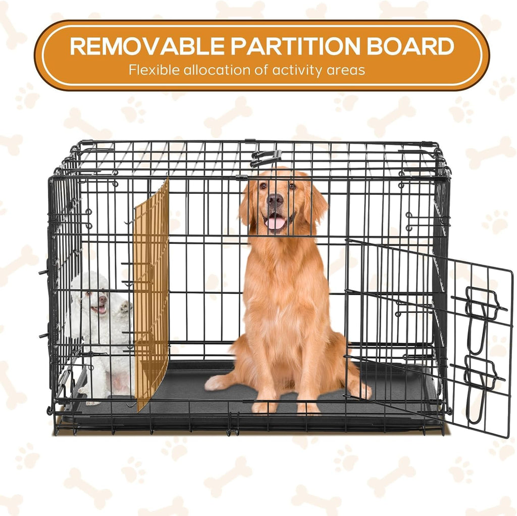 Dog Crate - 36 Inch Medium Double Door Portable Dog Cage, Metal Wire Pet Kennel with Secure Lock, Leak-Proof Pan Tray