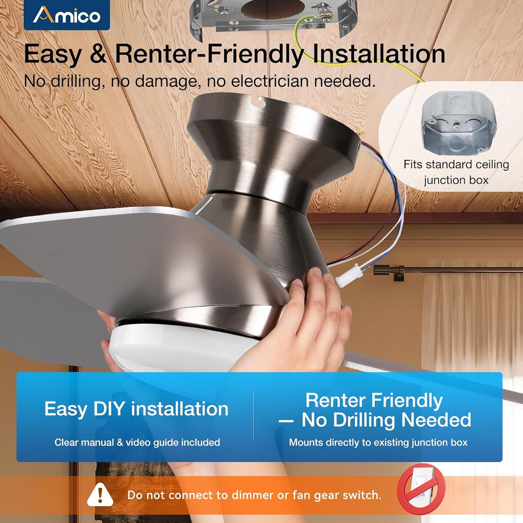Ceiling Fans with Lights, 30 inch Low Profile Ceiling Fan with Light and Remote Control, Flush Mount, Reversible, 3CCT, Dimmable, Noiseless, Nickel Ceiling Fan for Bedroom, Indoor/Outdoor Use