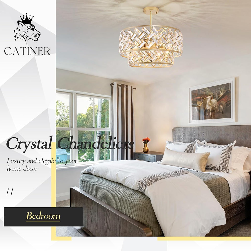 20'' Modern Gold Crystal Chandelier Luxury Semi Flush Mount Ceiling Light Fixtures 6-Lights Round Crystal Pendant