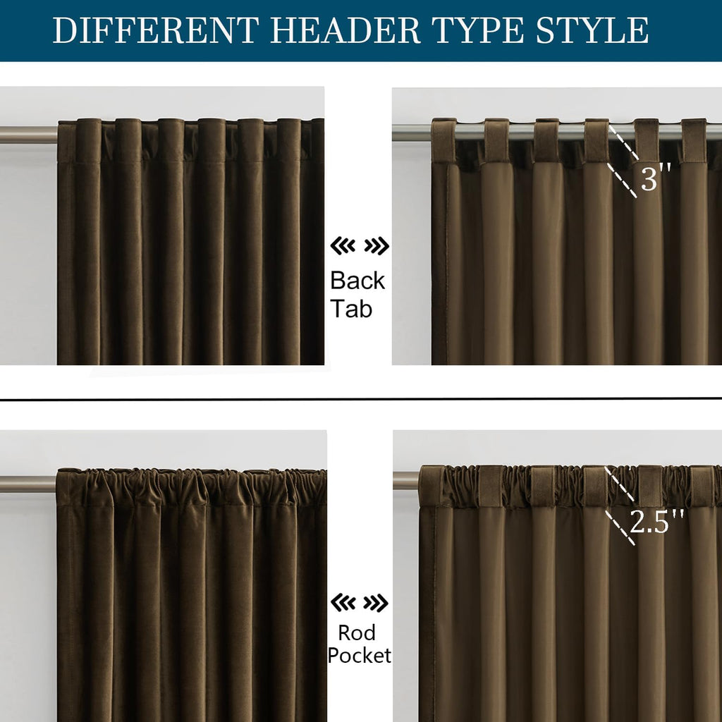 Brown Polyester Velvet Curtains 84 inch Long,Set of 2 Panels Blackout Rod Pocket Back Tab Window Treatment Room