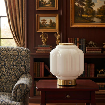 Mushroom Lamp, Cordless Rechargeable Table Lamp with Brass Base & White Glass Shade, 4W Dimmable Bed