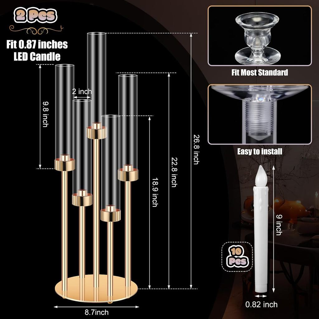 2 Set Gold Candelabra Centerpieces for Tables, 26.8 Inch 5 Arm Candle Holders with LED Candles and Acrylic Cylinders