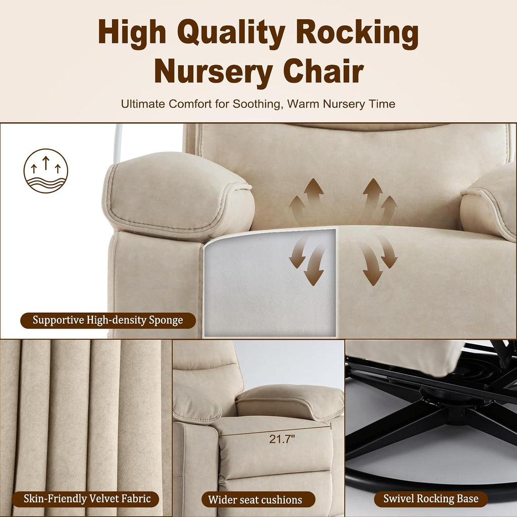 360° Swivel Glider Rocking Chair Nursery, Oversized Recliner with Phone Holder,Nursing Chairs for Breastfeeding with