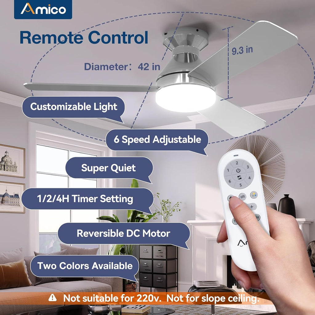 Ceiling Fans with Lights, 42 inch Low Profile Ceiling Fan with Light and Remote Control, Flush Mount, Reversible, 3CCT, Dimmable, Noiseless, Nickel Ceiling Fan for Bedroom, Indoor/Outdoor Use