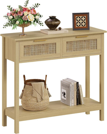 Farmhouse Rattan Console Table with 2 Drawers 2 Tier Boho Narrow Long Sofa Table Natural with Open Storage Shelf Wood