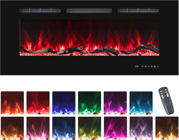 48'' Electric Fireplaces Inserts, Recessed & Wall-Mounted Fireplace Heater with Thermostat, Multicolor Flames,Timer