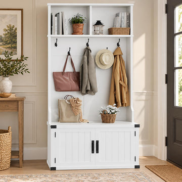 Hall Tree with Bench and Shoe Storage, 77" Tall Farmhouse Entryway Bench with Coat Rack and Mudroom Organizer