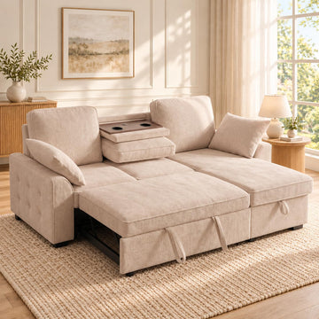 L‐Shaped Queen Pull Out Sleeper Sofa Bed with Storage Chaise, Beige
