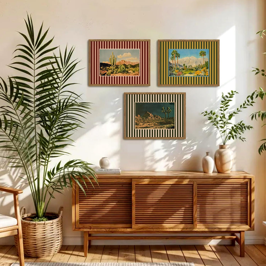 Framed Vintage Western Landscape Wall Art Set of 3, Striped Postcards Southwest Desert Cactus Pictures Wall Decor