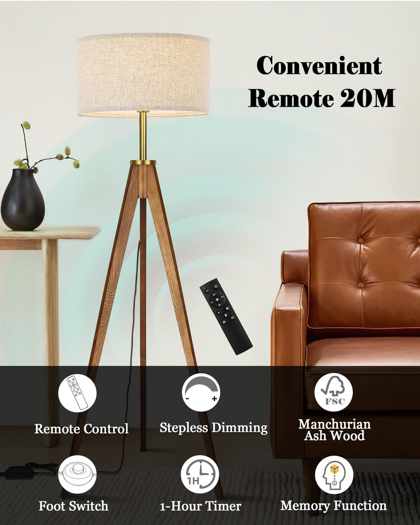 Floor Lamp, Solid Ash Wood Tripod Floor Lamp with Remote Control, Stepless Dimmable Standing Lamp, Tall Lamp