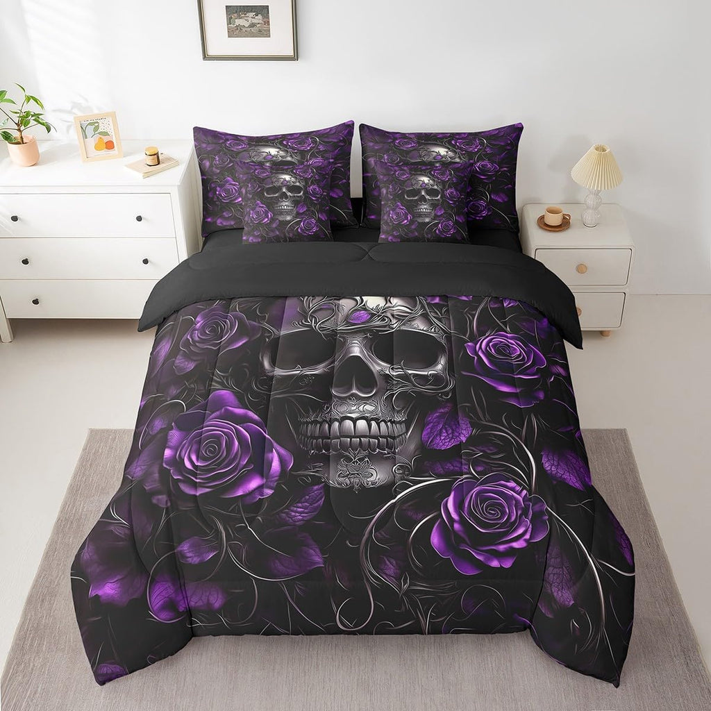 Sugar Skull 7 Pcs Comforter Set Queen,Purple Rose Floral Bedding Set for Kids Boys Girls Teens Adults,Gothic Skeleton - Set of 7