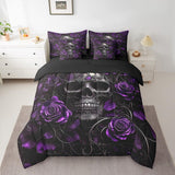 Erosebridal Sugar Skull 7 Pcs Comforter Set Queen,Purple Rose Floral Bedding Set for Kids Boys Girls Teens