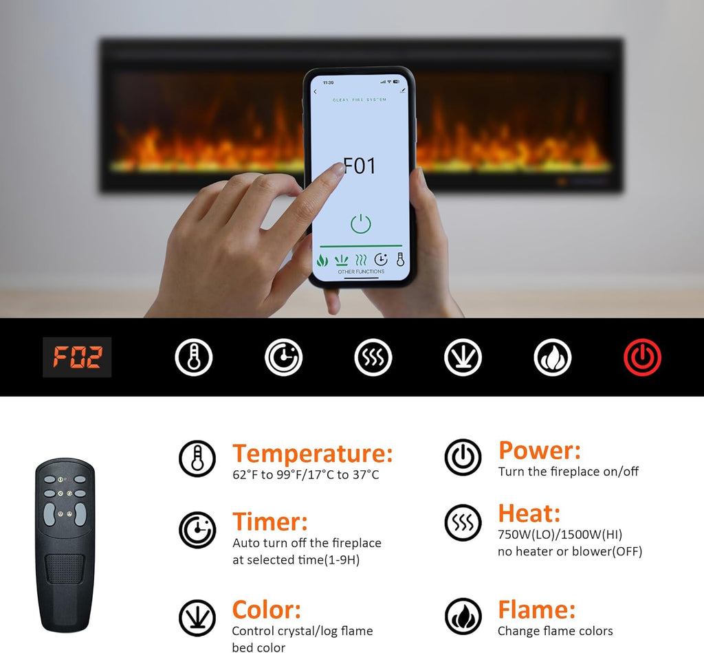 42 Inch Smart Wall Mount & in Wall Recessed Electric Fireplace Insert,App Control