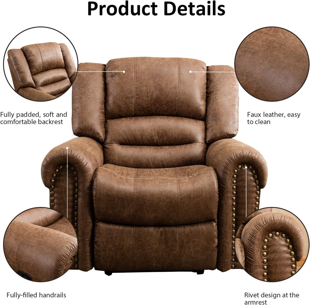 Leather Recliner Chair, Heavy Duty Manual Reclining Sofa Single Lounge Sofa Theater Seating, Light Brown