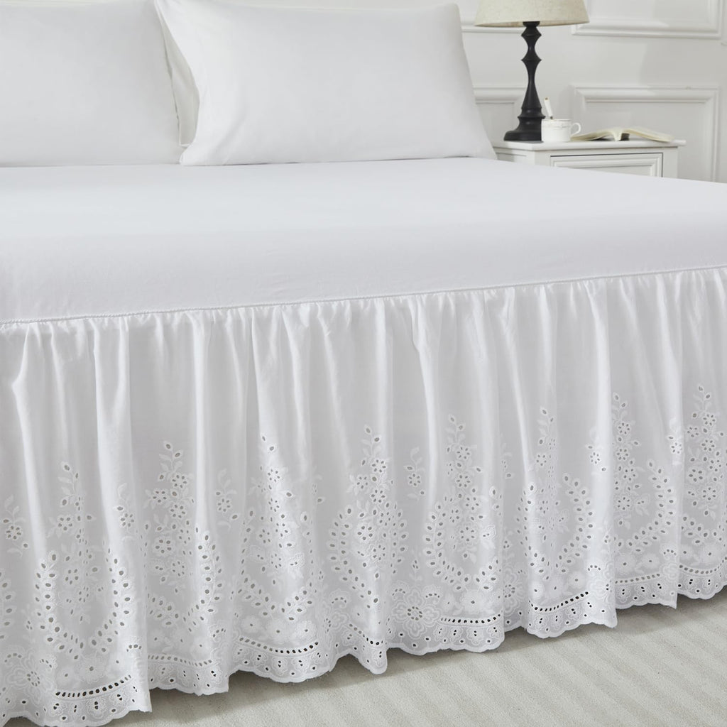 White Eyelet Bed Skirt Queen Size 100% Cotton Ruffled Dust Ruffle Bed Skirt 18 Inch Drop with Embroidered Floral