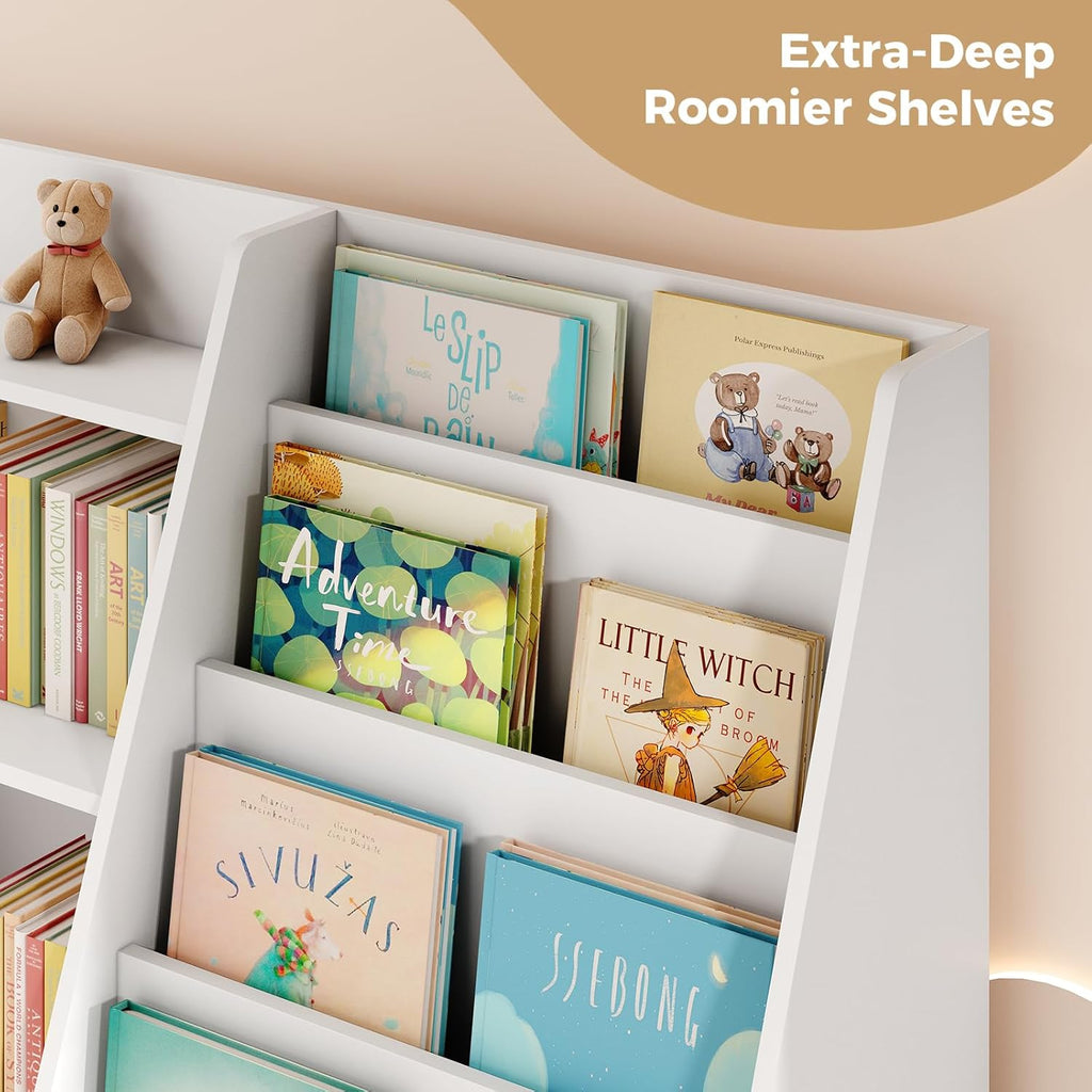 Upgraded 6 Tier Kids Wooden Bookshelf and Toy Storage, White | Children Toy Organizer with Upgraded Book Shelves