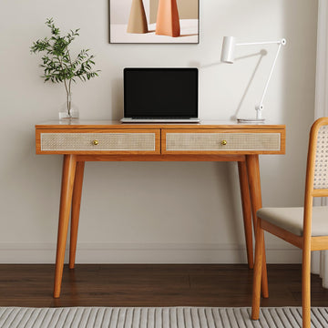 Mid-Century Modern Solid Wood Desk with Drawers - 45 inch Small Boho Rattan Writing Desk, Minimalist Design Natural