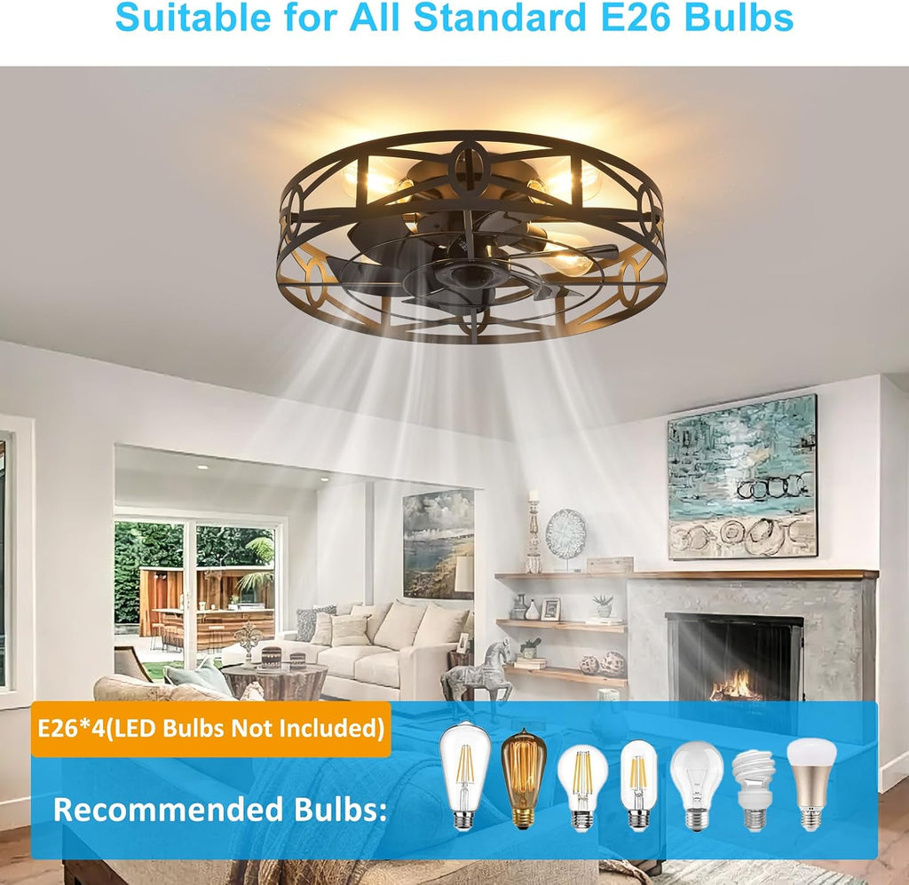 Flush Mount Ceiling Fan: 20" Caged Ceiling Fans with Remote Control - Low Profile Fandelier Lights Fixture Reversible