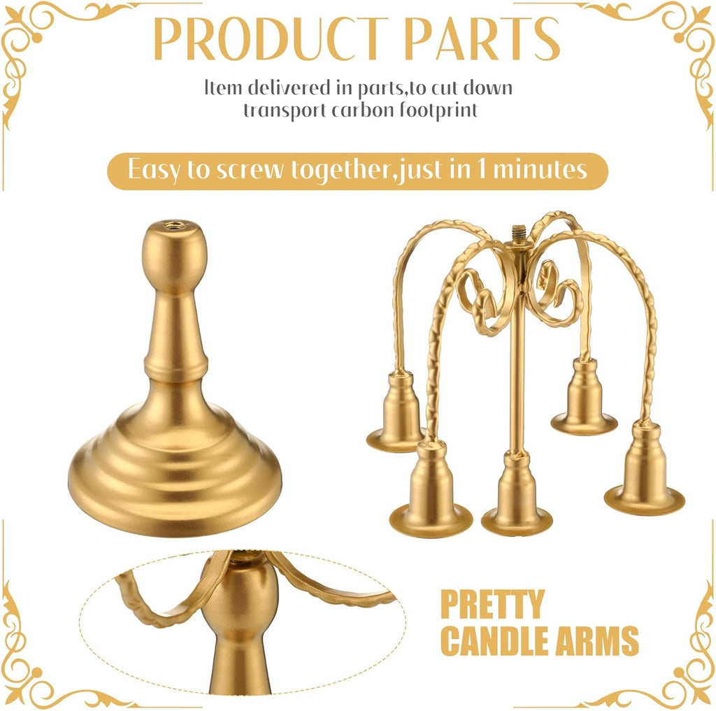 Metal Gold Candelabra Centerpiecedle Stand with 39.3 ft Pearl Chains 11.8'' Tall 5-branch Vintage Taper Candlestick