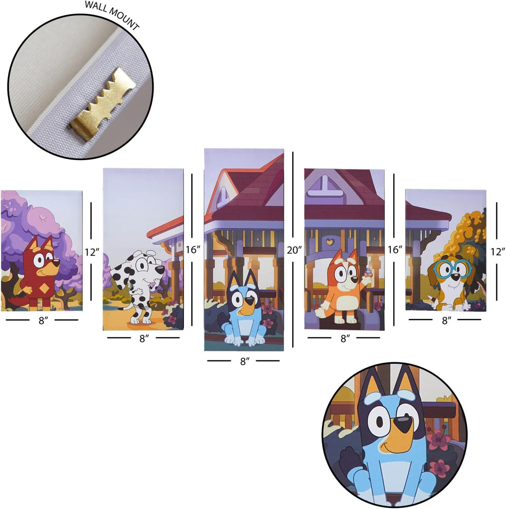 Bluey 5 Piece Wall Art Set,Kids Room Décor with Iconic Graphics, Ready to Hang Canvas Panels, Decorative Accent for