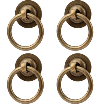 4 Pack Solid Antique Brass Cabinet Pulls Ring Drawer Pulls, Antique Style Kitchen Cabinet Handles Pulls Vintage Pulls