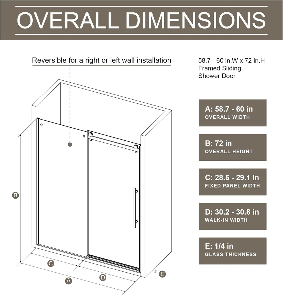 60.in W x 72.in H Frameless Shower Door Single Sliding
