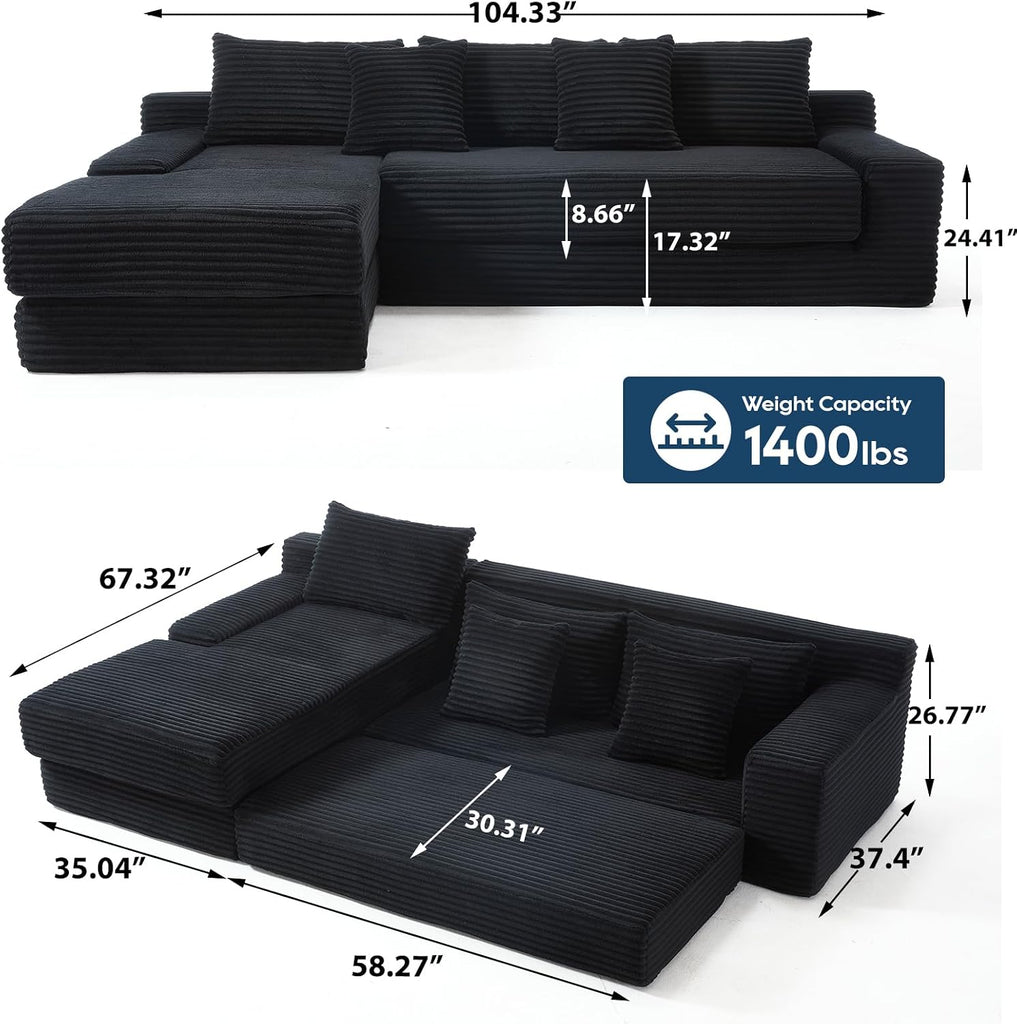 104.33" Modern L Shaped Sectional Couch with Soft Corduroy Fabric and Steel Frame, No Assembly Modular Convertible